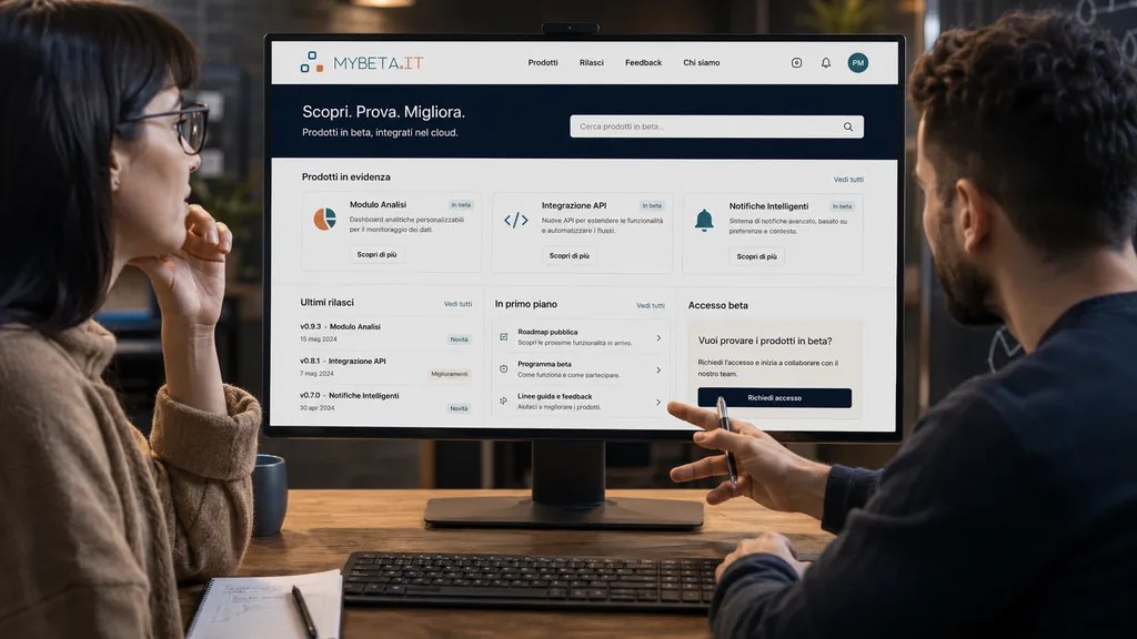 Due persone discutono davanti al monitor con la dashboard di mybeta.it, tra roadmap pubblica e feedback